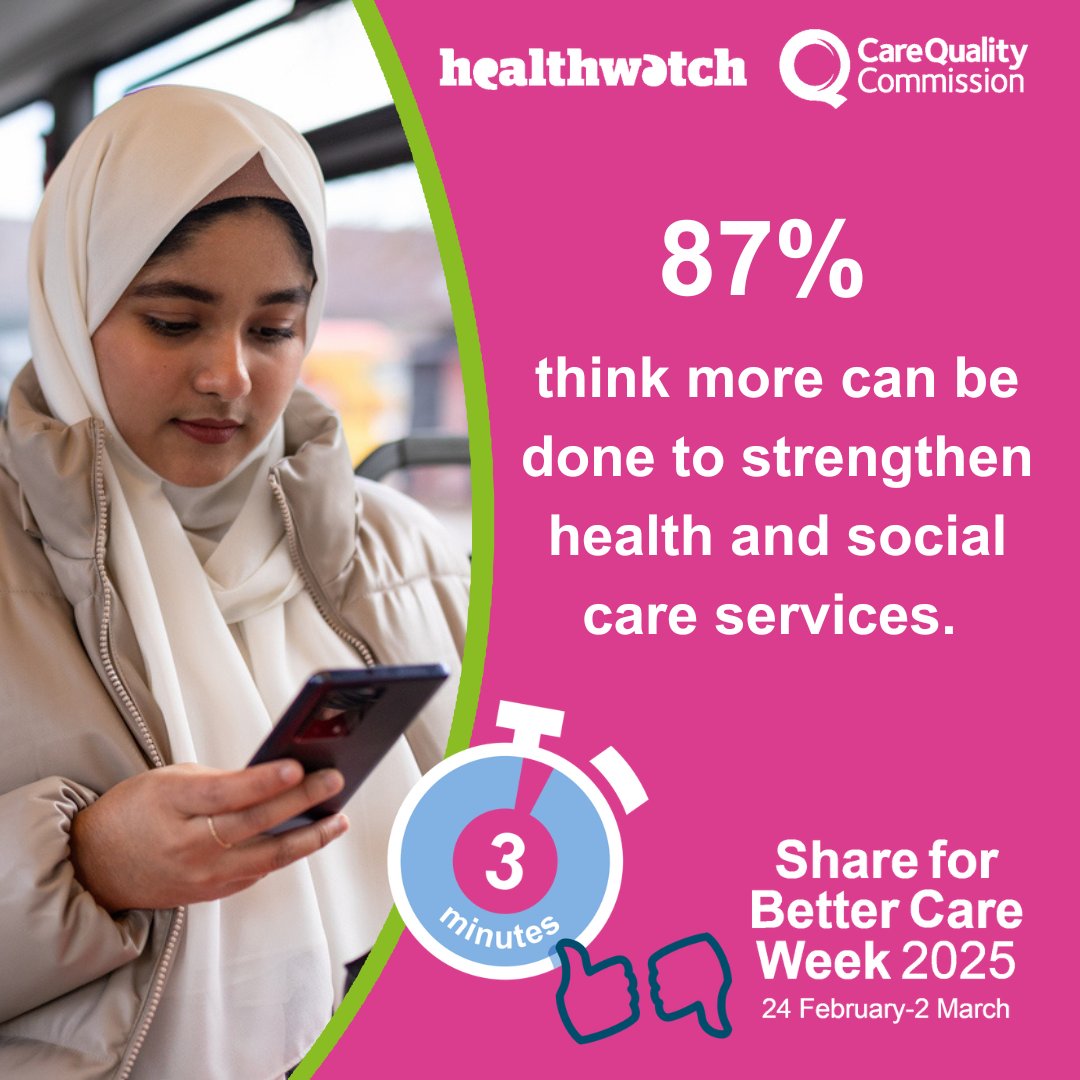 Healthwatch England (@healthwatche) on Twitter photo This #ShareForBetterCare Week it's time to play your part. It only takes 3 minutes to share your feedback, but it helps to drive improvements to care services in your area. Share for better care today - bit.ly/BetterCareFeed… <a href="/CareQualityComm/">Care Quality Commission</a> This #ShareForBetterCare Week it's time to play your part. It only takes 3 minutes to share your feedback, but it helps to drive improvements to care services in your area. Share for better care today - bit.ly/BetterCareFeed… <a href="/CareQualityComm/">Care Quality Commission</a>