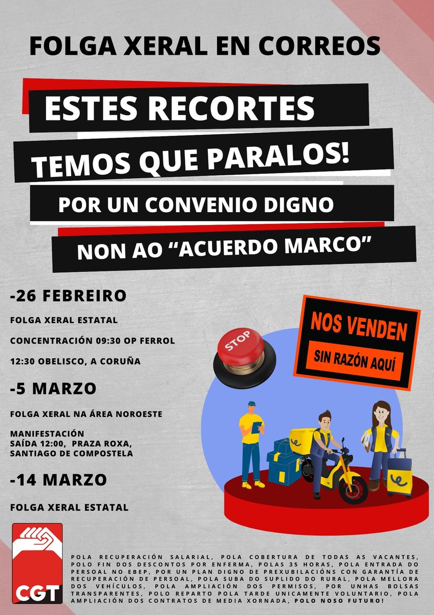 cgt_correos_cor's tweet photo. 🔴⚫️ESTES RECORTES IMOS DETELOS! 
TODXS Á FOLGA ESTE 26F! 

Concentracións:

Ferrol OP 09:30
Coruña Obelisco 12:30

✅Recuperación do salario perdido.
✅Xornada de 35 horas (sen chantaxes)
✅Fin dos descontos por enfermar
 ✅Xubilacións de calidade co 100% 
 ✅Fin das parciais https://t.co/hNyXSwnuqL