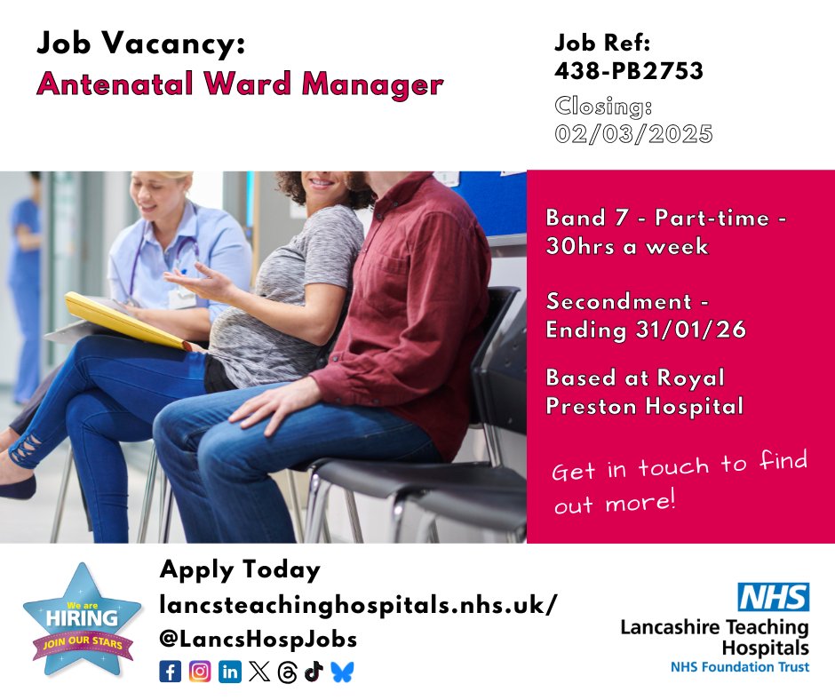 LancsHospJobs's tweet photo. Job Vacancy: #Antenatal Ward Manager @LancsHospitals
📆Secondment Opportunity
💷#Band7 - £46,148 - £52,809, P.A, P.R
⌚Part time - 30 hrs a week
⏰Closes: 02/03/25
Interested? Read more & apply here: https://t.co/9cZWBC5Ihm
#NHS #NHSjobs #Lancashire #Midwifery https://t.co/ywej6J0EZ3