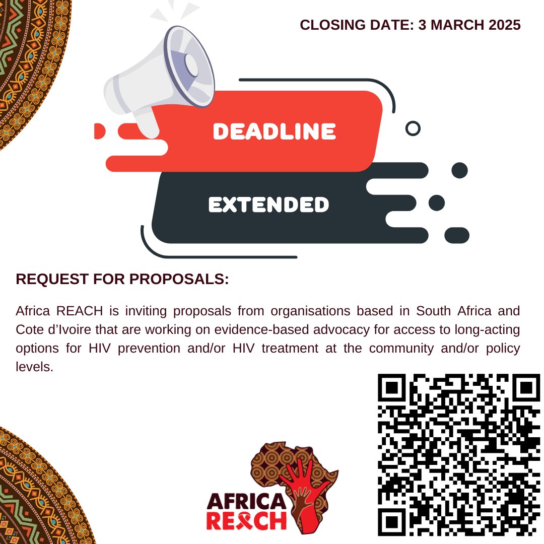 Great news! We’re extending the deadline for Africa REACH’s #AdvocacyGrants #RFP to March 3, COB SAST- giving you more time to submit a strong proposal. Don’t miss this opportunity to drive advocacy for long-acting HIV prevention &amp; treatment. #Apply now
africareach.org/request-for-pr…