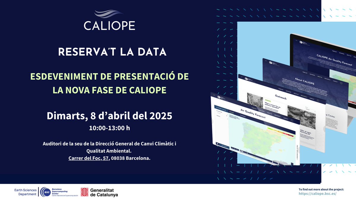 CALIOPE (@caliope_bsc) on Twitter photo 🚨 Reserva't la data! Presentació de la nova fase de #CALIOPE_BSC  <a href="/BSC_CNS/">BSC-CNS</a>🌍💨
🗓️8 d’abril
⏰10:00 - 13:00 h
📍Auditori de la Direc. General de Canvi Climàtic i Qualitat Ambiental-Barcelona
🔍 Demo. nou web + taula rodona amb experts sobre #QualitatAire
📝 Aviat obrim registre! 🚨 Reserva't la data! Presentació de la nova fase de #CALIOPE_BSC  <a href="/BSC_CNS/">BSC-CNS</a>🌍💨
🗓️8 d’abril
⏰10:00 - 13:00 h
📍Auditori de la Direc. General de Canvi Climàtic i Qualitat Ambiental-Barcelona
🔍 Demo. nou web + taula rodona amb experts sobre #QualitatAire
📝 Aviat obrim registre!