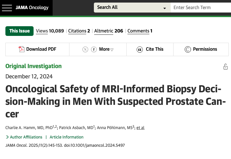 Oncological Safety of MRI-Informed Biopsy Decision-Making in Men With Suspected Prostate Cancer

jamanetwork.com/journals/jamao…

Cohort study evaluated the feasibility and safety of using a community-based MRI diagnostic pathway to avoid prostate biopsy (PB) in men with suspected
