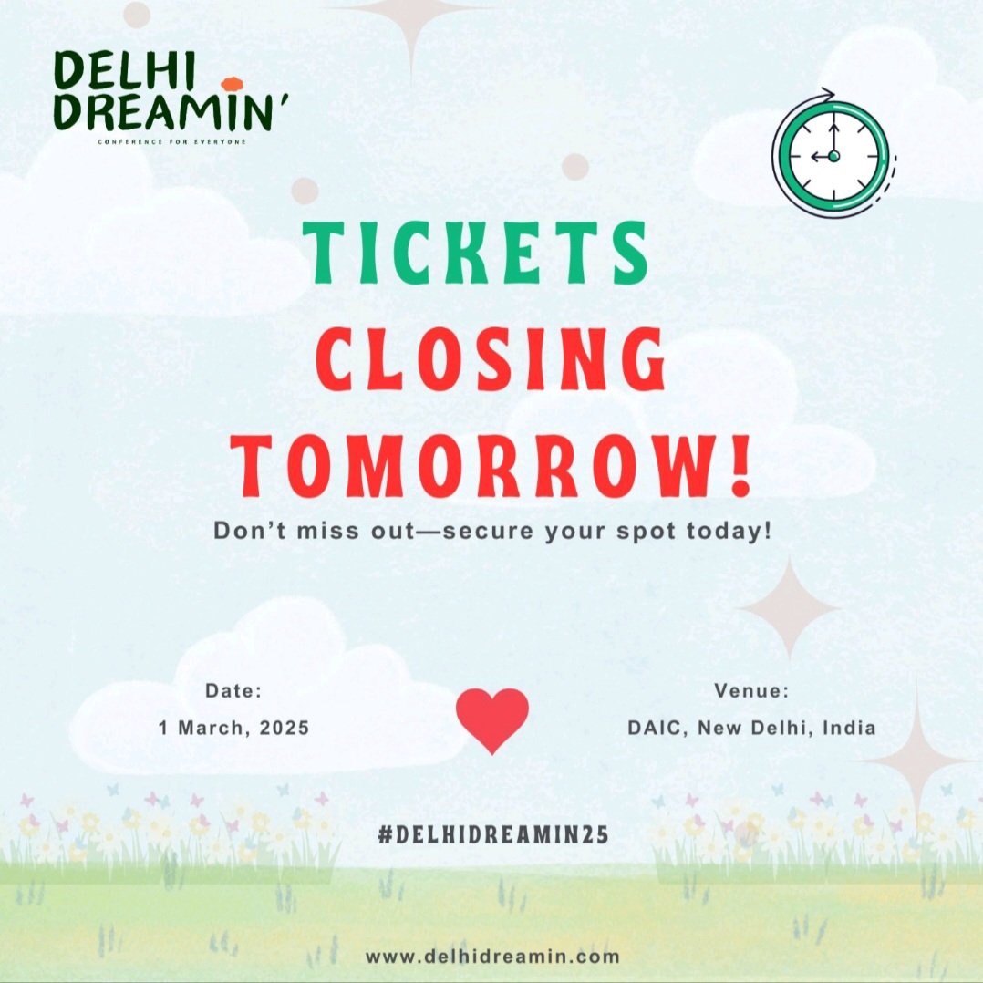 🎊 We're thrilled to announce that we're nearly at capacity for Delhi Dreamin' 2025!! 

Registrations closing tomorrow! 

🎟 Secure your spot now: delhidreamin.com/registration 

📅 𝟭𝘀𝘁 𝗠𝗮𝗿𝗰𝗵 |📍𝗗𝗔𝗜𝗖, 𝗗𝗲𝗹𝗵𝗶

#DelhiDreamin