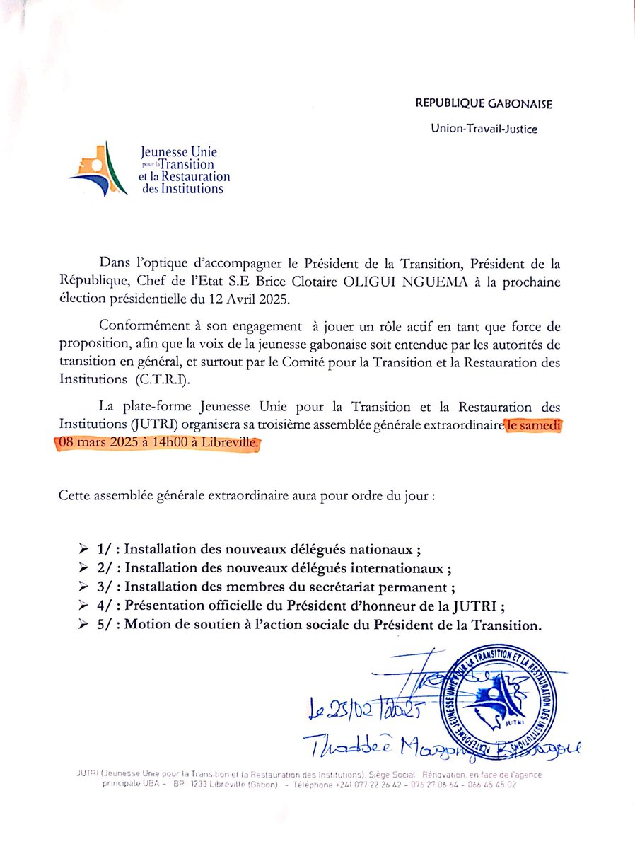 #COMMUNIQUÉ #IMPORTANT 

La Plateforme   JUTRI (Jeunesse Unie pour la Transition et la Restauration des Institutions) organise sa troisième assemblée générale extraordinaire le samedi 8 mars 2025 ,à Libreville. 
Le Secrétariat permanent de la JUTRI. /
<a href="/PresidenceGA/">Présidence de la République Gabonaise</a>
#CTRI
#JUTRI
