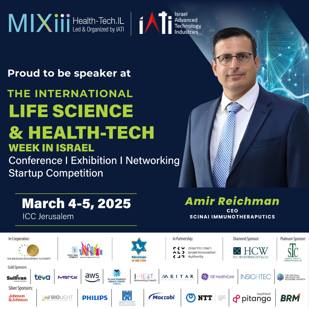 🚀 Big news! Our CEO, <a href="/ReichmanAmir/">Amir Reichman</a>, is speaking at #MIXiii Health-Tech.IL 2025! Hear about our journey from near closure to leading biotech I&amp;I innovator. Thanks for recognizing <a href="/scinai/">Scinai Immunotherapeutics Ltd</a> as a top Jerusalem startup to present at the congress! $SCNI #biotech #speaker
