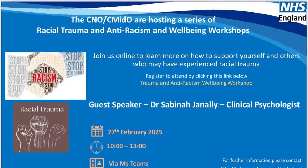 Our next event on the Racial Trauma Informed Anti-Racism and Wellbeing Workshop is on the 27th Feb - link below 👇🏾 to register for Feb or March date😊
<a href="/SabinahJanally/">Sabinah Janally</a> 
<a href="/CNOBME_SAG/">CNO CMidO_StrategyGrp</a> 

lnkd.in/gWaXRPV3