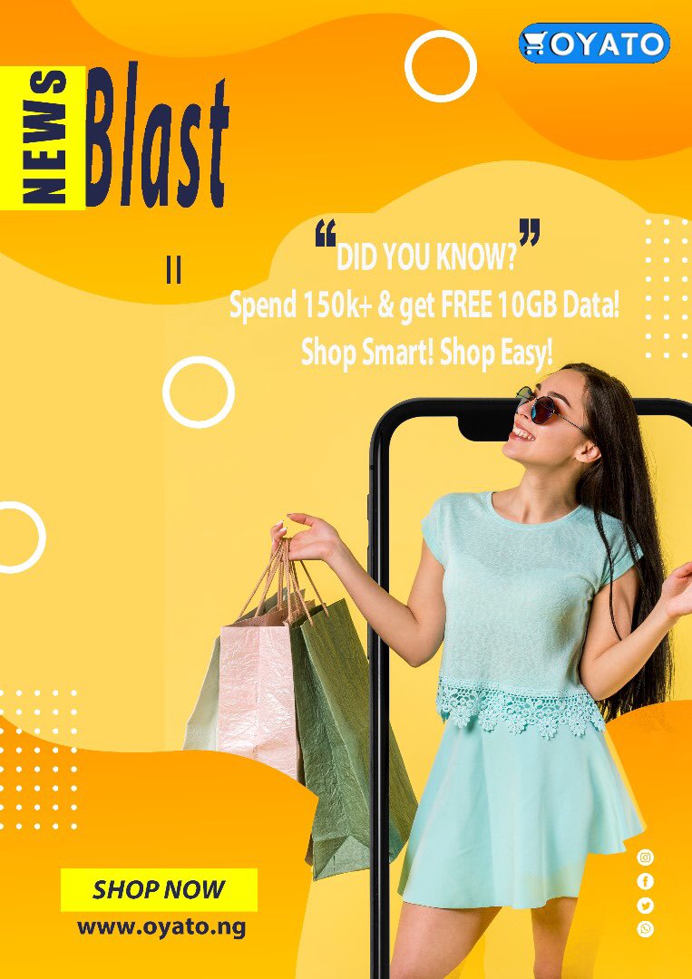DATA LOVERS REJOICE!
Oyato Online Shopping Store is giving away 10GB of FREE data when you shop ₦150,000 or more!

Explore our wide range of products:

✨ Latest Gadget Phones from top brands
✨ Quality Household Appliances for your home comfort
✨ Solar Panels and Inverters for