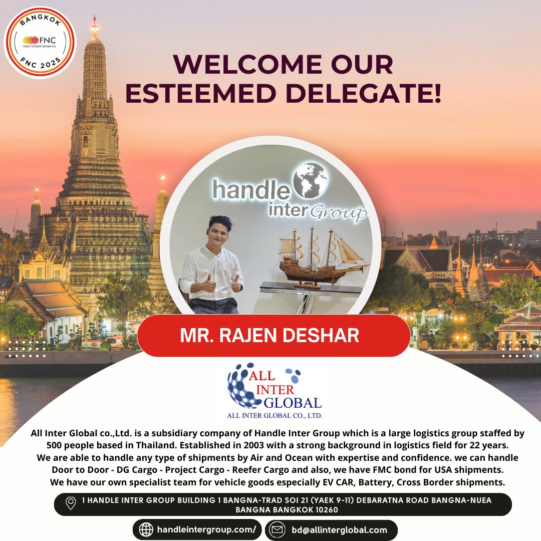 FNCGroupAmerica's tweet photo. We are delighted to #welcome Mr. RAJEN DESHAR from All Inter Global Co., Ltd., our proud FNC Member, to our upcoming 24th #FNC International #Freight Forwarders Conference in Bangkok happening from 25th-27th June, 2025! 

Register now👉
https://t.co/zZAuOiXZes

#FNCConference https://t.co/O8xFdMihSZ
