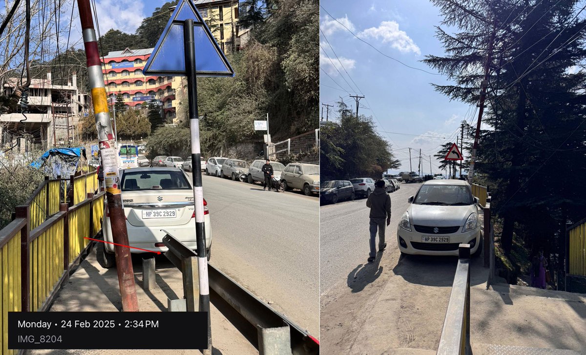 HimachalW's tweet photo. A vigilant citizen raised concern over wrong parking in Shimla, sharing photos of a car irresponsibly parked near RBI HQ, Vikasnagar, completely blocking the footpath. Pedestrians, including seniors & children, were forced onto the busy road, risking their safety. #ShimlaCity https://t.co/75M17mwXQA
