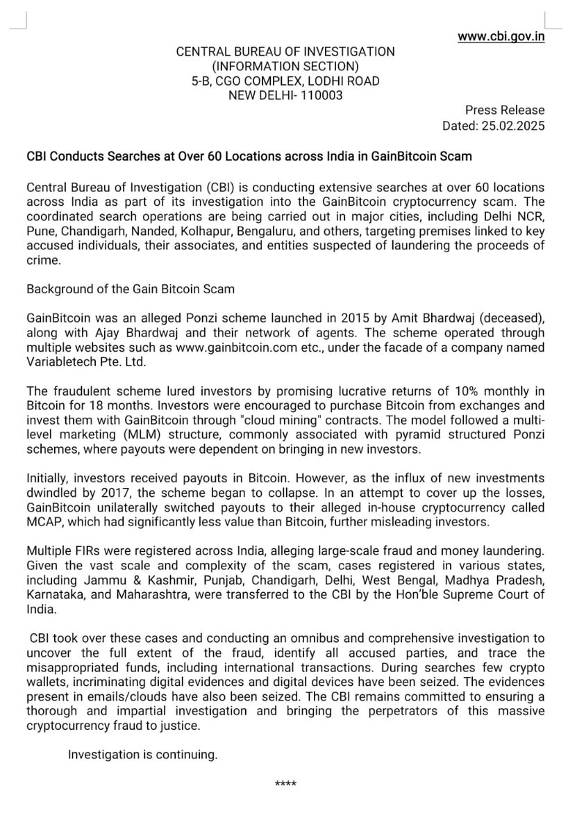 CBI Conducts Searches at Over 60 Locations across India in GainBitcoin Scam