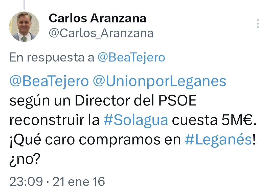 mareouencopp's tweet photo. Tarambana en la oposición:
5M€ es mucho por reconstruir #Solagua
Tarambana en el gobierno
250.000€ de planos,
13,5millones primera fase
y lo que haga falta en la segunda
Es EL PRECIO JUSTO en #Leganes. No menos de 20M€
La Solagua va a ser el SUPERPELOTAZO-SOLAGUA https://t.co/9qjHuovObj