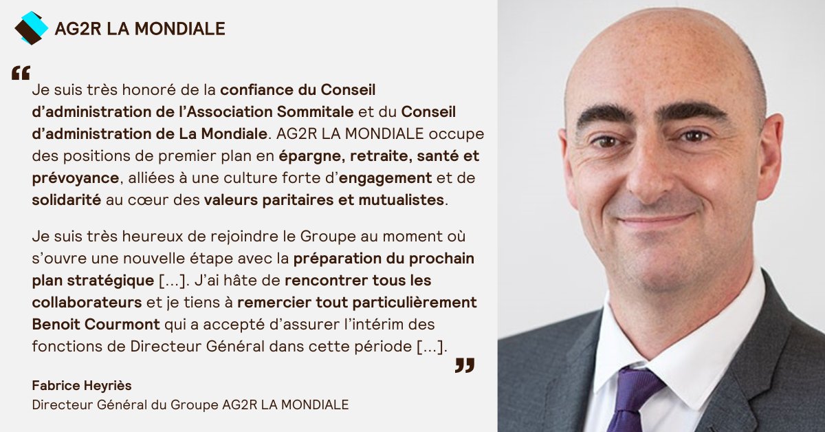 📢 Fabrice HEYRIÈS est nommé Directeur Général du Groupe AG2R LA MONDIALE

Le Conseil d’administration de l’Association Sommitale et le Conseil d’administration de La Mondiale ont nommé, ce jour, sur proposition conjointe de leurs Comités des Rémunérations et des Nominations,