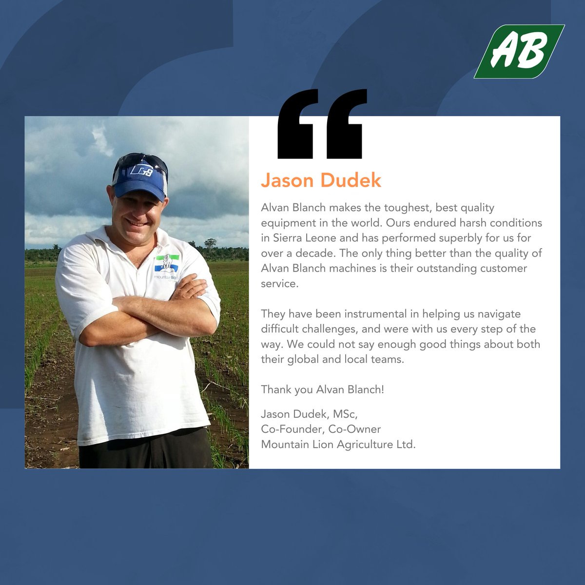 Long-Term Partnerships, Lasting Impact 🌍

At Alvan Blanch, we take pride in building strong relationships with our clients—partners who are driving real change in agriculture.

One such valued client is <a href="/MountainLion/">Mountain Lion</a> led by Jason Dudek. Mountain Lion invested in our processing