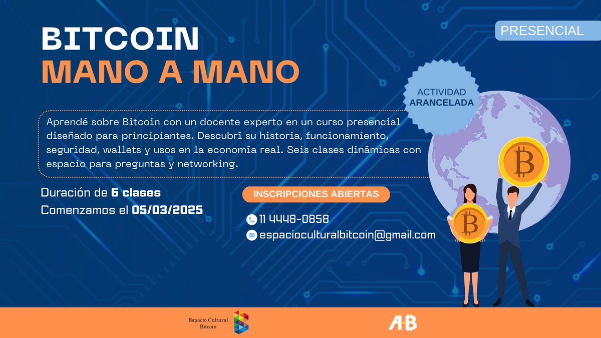 ONG Bitcoin Argentina (@bitcoinar) on Twitter photo Lanzamos Bitcoin Mano a Mano 🤜🏼🧡🤛🏼 | 📌 Inscribite acá: forms.gle/8AZGLGF5Rb6E5S…
Un espacio de formación presencial de BitcoinAr y <a href="/EspacioBitcoin/">EspacioBitcoin</a> para aprender sobre Bitcoin con un experto, ideal para quienes buscan comprender sus fundamentos y dar sus primeros pasos de Lanzamos Bitcoin Mano a Mano 🤜🏼🧡🤛🏼 | 📌 Inscribite acá: forms.gle/8AZGLGF5Rb6E5S…
Un espacio de formación presencial de BitcoinAr y <a href="/EspacioBitcoin/">EspacioBitcoin</a> para aprender sobre Bitcoin con un experto, ideal para quienes buscan comprender sus fundamentos y dar sus primeros pasos de