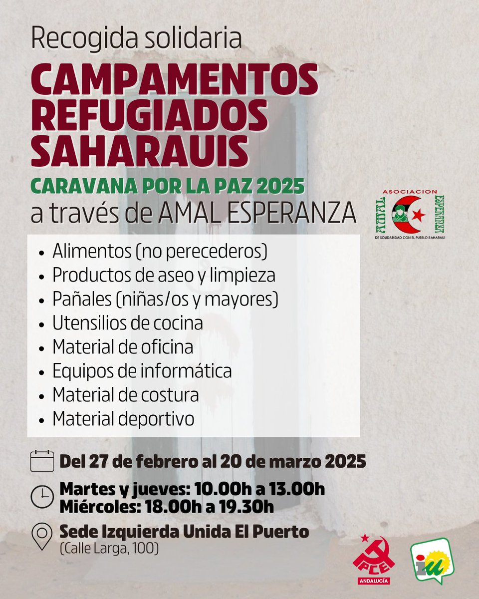 🕊️ Caravana por la Paz 2025 🇪🇭

✌🏼 Abrimos nuestra sede para recoger alimentos y materiales para enviarlos a los campamentos refugiados saharauis en la Caravana organizada por <a href="/AmalElPuerto/">AmalEsperanza</a> y la Federación de Asociaciones Gaditanas Al - Huriya.

🔗 acortar.link/AEBTnB