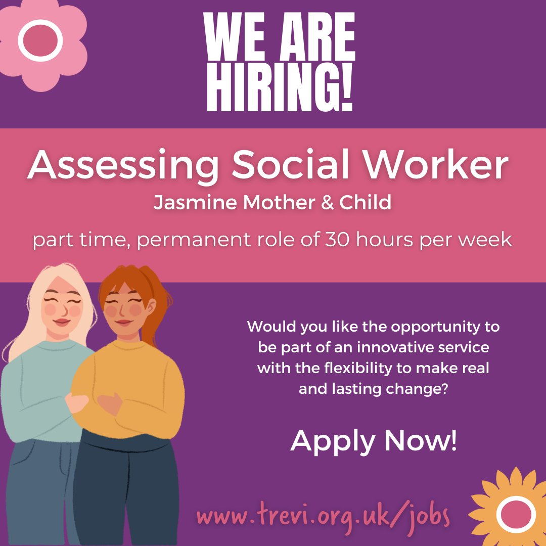 We seek an experienced &amp; compassionate social worker to join our team at our Jasmine Mother &amp; Child Residential Centre. To find out more information and apply please visit trevi.org.uk/about-trevi/jo…
#Treviwomen #hiring #recruitment