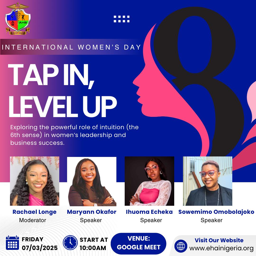 Ehainigeriaorg's tweet photo. EHAI invites you to our upcoming International Women's Day webinar, themed "Tap In, Level Up". Join our seasoned speakers as they show us how women can tap into their intuition &amp; level up in any sector.

Friday, March 7th, 2025
10am WAT
Google Meet

Don't miss it!

#EHAI
#IWD2025 https://t.co/2QEezirQ49