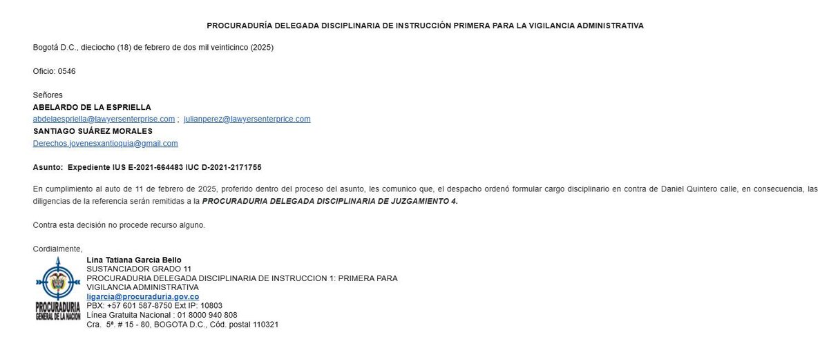 ABDELAESPRIELLA's tweet photo. ATENCIÓN: FORMULACIÓN DE CARGOS CONTRA DANIEL QUINTERO CALLE.

A @QuinteroCalle, como a Al Capone, le empieza a llegar su hora de enfrentar a la justicia.

En el año 2021 presenté queja disciplinaria contra ese sujeto por haber omitido la obligación legal que tiene todo servidor de hacer pública su declaración de renta. Esto lo hizo creyéndose intocable y pretendiendo ocultar su realidad financiera.

El nefasto exalcalde de Medellín, Daniel Quintero, ha sido llamado a responder disciplinariamente por esa omisión ante la Procuraduría General, con la respectiva formulación de cargos. 

¿Por qué Pinturita no cumplió con ese deber? ¿Qué esconde en su patrimonio o en el de su familia?

Siempre he dicho que, para acabar con los políticos corruptos, hay que perseguirles los bienes. Como a todo bandido, es el bolsillo lo que más les duele. ¿Quiénes son los testaferros de alias Pinturita? Pronto les contaré, porque tengo la lista completa. 

El bandido empieza a caer. Mientras tanto, seguiré dando la batalla por el expediente más grande y escabroso: desde hace varios años denuncié ante el exfiscal Barbosa, quien dejó impune a Pinturita, pese a que yo mismo senté en mi oficina de Barranquilla a la fiscal asignada al caso, Paola Flórez, junto al testigo estrella, quien le narró en mi presencia a dicha funcionaria todo el entramado corrupto en el robo de AFINIA. Sin embargo, la señora fiscal, que sigue en el mismo despacho, no ha hecho absolutamente nada por buscar justicia, aun teniendo la prueba reina para ello.

Señora Fiscal General Luz Adriana Camargo, ¿va usted también a dejar impune a alias Pinturita, teniendo todas las pruebas para llevarlo a responder ante la justicia?

Seguiré dando la batalla, porque para mí no hay causas imposibles, y el castigo al corrupto que tanto daño le hizo a mi amada  y hermosa Medellín, tarde o temprano, llegará. (A.D.L.E) 🇨🇴
@elcolombiano @RevistaSemana @eltiempo @ifmnoticias @infobaecolombia @pulzo @AlvaroUribe