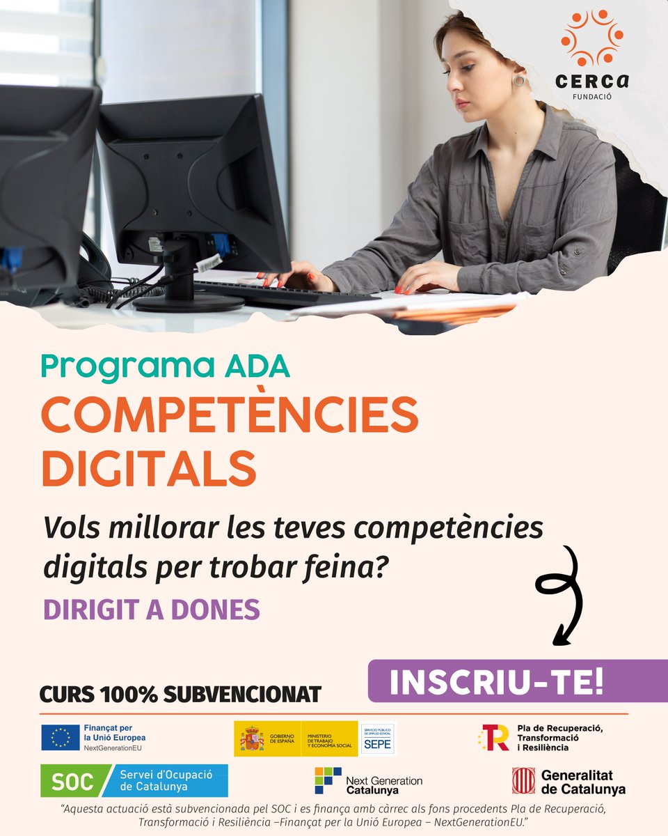 fundaciocerca's tweet photo. Ets dona i vols millorar les teves habilitats digitals per trobar feina?💻

Programa ADA!✨

GRATUÏT!🚀

📆 24/02/25 - 27/03/25
⏰ De dilluns a dijous / 15h - 19h
📍 Fundació Cerca (Tarragona)

📩 cercasccl@cercasccl.com

https://t.co/CsAFogUXFr https://t.co/sEkKkRNqa1