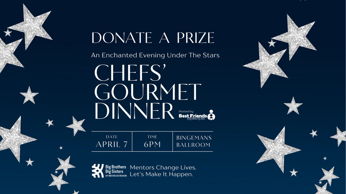 YOU can help change lives of local youth! DONATE exciting live &amp; silent AUCTION items for the 30th annual Chefs' Gourmet Dinner, benefiting mentorship programs through <a href="/BBBSWR/">BBBS Waterloo Region</a>. Mentors change lives: let's make it happen! Contact info in bio. #BestFriendsGOBIG
