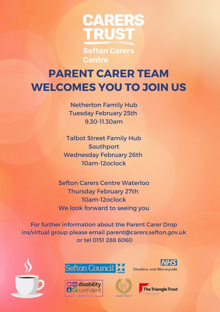 For any Sefton based Parent Carers, please come and join us in Southport and Waterloo this week for our Parent Carer drop-in sessions and a great opportunity to gain valuable information, advice and support around your caring role. See buff.ly/3Ezw0YU #ParentCarer #SEND