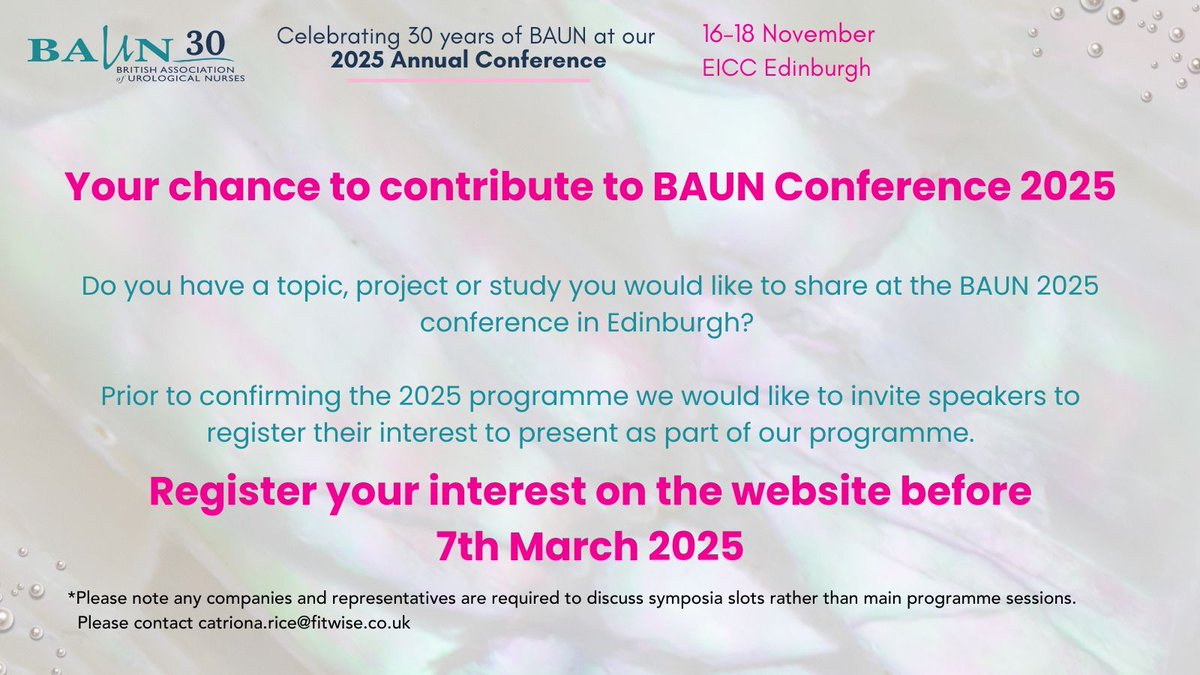 Call for Speakers 📣

Prior to confirming the 2025 programme we would like to invite speakers to register their interest to present as part of our programme.
Submit yours by 7th of March 👉 buff.ly/3CPBcY2 
#BAUN25 #Urology #UrologyNurses