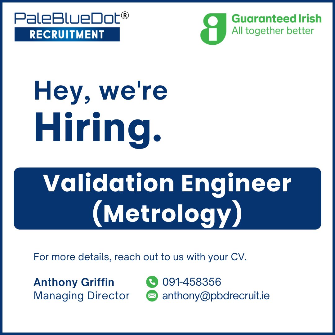 PBDRecruit's tweet image. An exciting opportunity has arisen for a Validation Engineer (Metrology) 

Contact Anthony or visit pbdrecruit.ie/explorejobs/#j…
for more details
#PaleBlueDotRecruitment #MedTech  #GetInvolvedToday