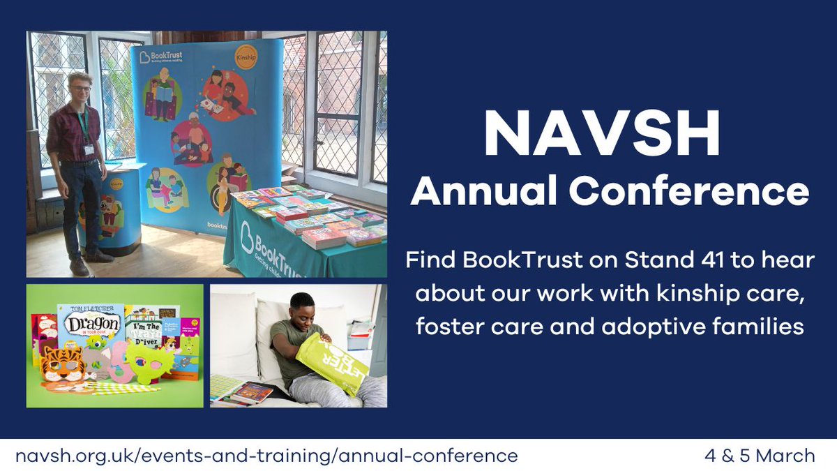 Booktrust's tweet photo. We're excited to be at the NAVSH Annual Conference next week - come along to stand 41 to hear more about our support for children from vulnerable family backgrounds.
We'll be sharing info about our work with kinship families, plus our #StoryExplorers & #LetterboxClub programmes! https://t.co/i1fhBCMcWb