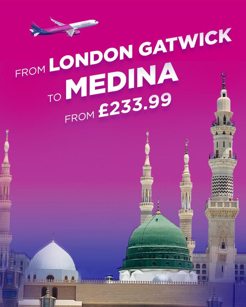 We are happy to announce a new route directly connecting London Gatwick to Medina, one of Saudi Arabia’s most historic and spiritual cities, starting in August 2025 ✈️ 

This route will be operated on the new Airbus A321XLR, making Wizz Air the first ultra-low-cost carrier to