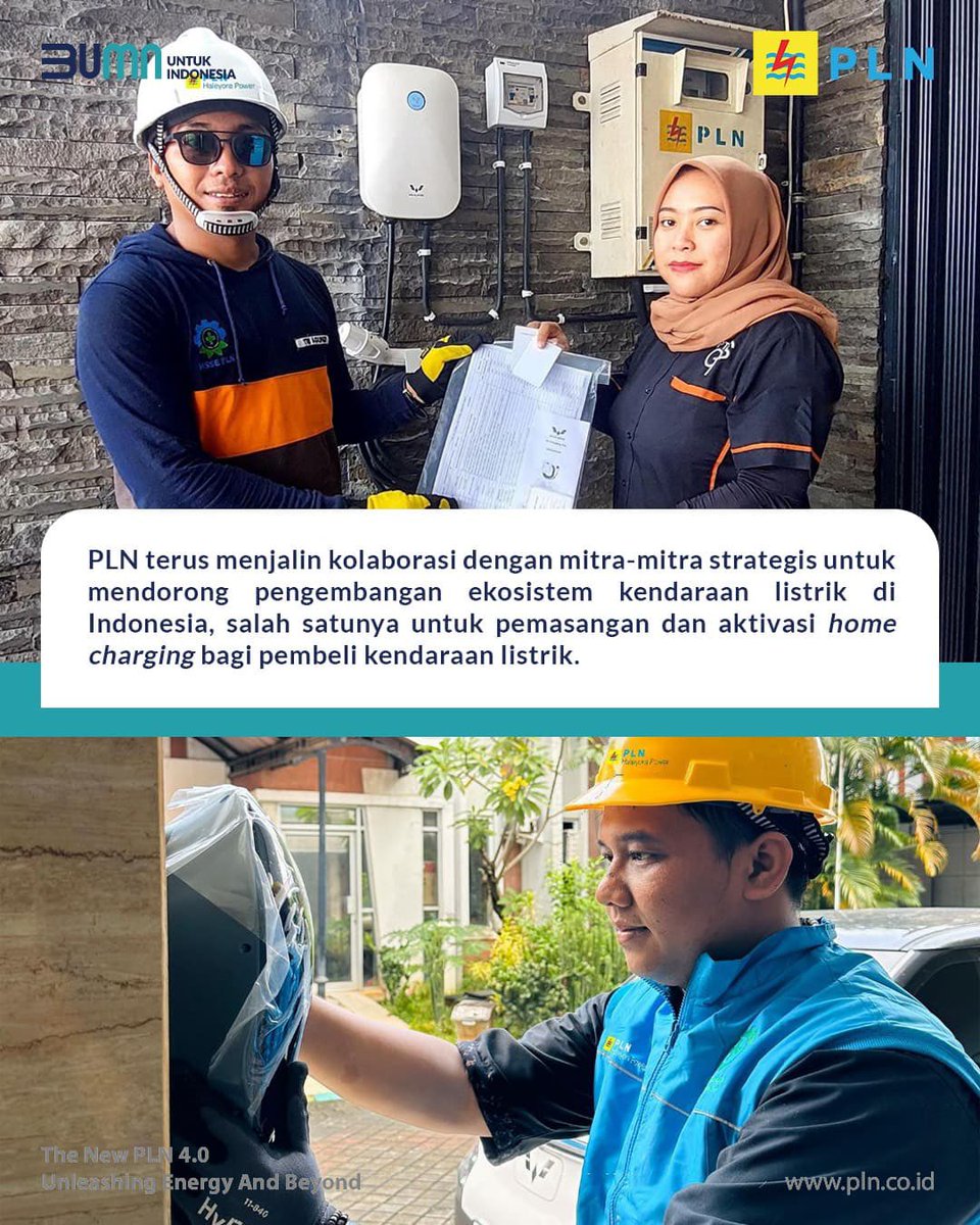 _pln_id's tweet photo. Electrizen, PLN terus menghadirkan layanan home charging bagi pembeli kendaraan listrik! Melalui kolaborasi dengan mitra strategis, PLN terus memperluas ekosistem kendaraan listrik di Indonesia, memastikan kemudahan bagi pengguna dalam melakukan pengisian daya di rumah.

#PLN https://t.co/EUdCDlQyVQ
