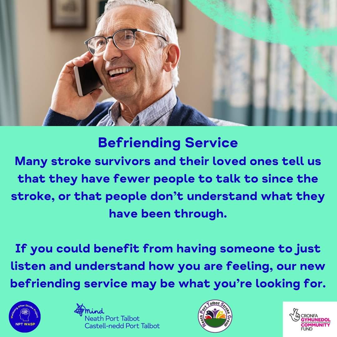 Neath Port Talbot Wellbeing After Stroke Project (@nptwasp) on Twitter photo Ever feel like you just need someone who will listen without judgement?
NPT WASP offers a Befriending Service that does just this.
To find out more please email rachel@nptmind.org.uk
NPT WASP is funded by <a href="/TNLComFundWales/">The National Lottery Community Fund Cymru</a> Ever feel like you just need someone who will listen without judgement?
NPT WASP offers a Befriending Service that does just this.
To find out more please email rachel@nptmind.org.uk
NPT WASP is funded by <a href="/TNLComFundWales/">The National Lottery Community Fund Cymru</a>