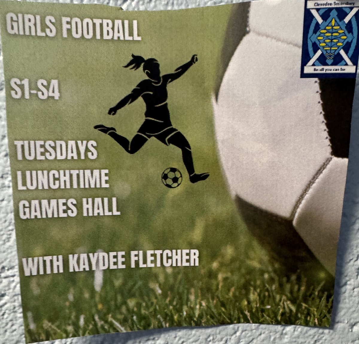 Alison Murray (@asgcleveden) on Twitter photo Great to see another Young Ambassador starting up a new lunchtime sports club!
⚽️Girls Football S1-S4⚽️
<a href="/ClevedenSec42/">Cleveden Secondary School</a> <a href="/Cleveden_PE/">Cleveden PE</a> <a href="/PEPASSGlasgow/">PEPASS Glasgow</a> <a href="/PEPASS_Leaders/">PEPASS Leadership</a>. Great to see another Young Ambassador starting up a new lunchtime sports club!
⚽️Girls Football S1-S4⚽️
<a href="/ClevedenSec42/">Cleveden Secondary School</a> <a href="/Cleveden_PE/">Cleveden PE</a> <a href="/PEPASSGlasgow/">PEPASS Glasgow</a> <a href="/PEPASS_Leaders/">PEPASS Leadership</a>.