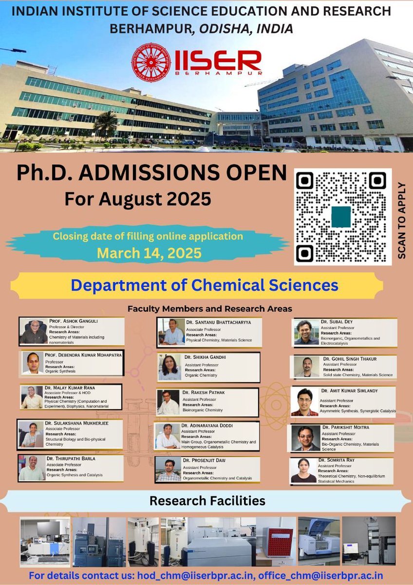 📢 Exciting Opportunity! IISER Berhampur is inviting PhD applications in the Department of Chemical Sciences for August 2025. Don't miss your chance to be part of this esteemed institution! 🎓 #IISERBerhampur #ChemicalSciences #PhD #Admissions2025
