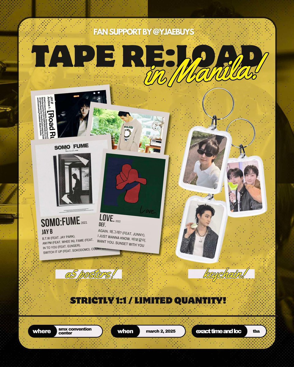 yjaebuys's tweet photo. ☁︎𓂃⋆.˚ JAY B [TAPE:RE LOAD] in MANILA fan support by @yjaebuys 𓂃

.ᐟ a5 polaroid album poster 
.ᐟ acrylic photo keychain  

⋆1:1, limited qty 
⋆mbf, like &amp; rt 
⋆dm for trades. ty!  

thank u, @tzustgrm for the pubmat ᡣ𐭩 
🏷️#TAPERELOADINMANILA freebies jayb giveaway https://t.co/w6ktRNe0Nt