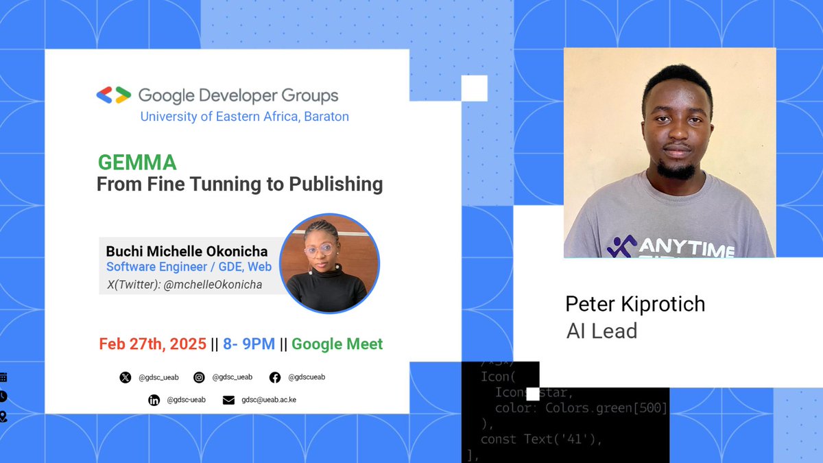GDGoC University of Eastern Africa, Baraton (@gdsc_ueab) on Twitter photo 🚀 Don't Miss Out! Tech Session Alert!
Join GDGoC UEAB for GEMMA: From Fine-Tuning to Publishing led by <a href="/mchelleOkonicha/">Buchi Michelle Okonicha</a>
🔗 RSVP Now: shorturl.at/CuWb5
🎯 Meet Link: meet.google.com/kav-yyyw-mtb
Perfect for tech students! 💡
#TechCommunity #GDGUEAB #GEMMA2025 🚀 Don't Miss Out! Tech Session Alert!
Join GDGoC UEAB for GEMMA: From Fine-Tuning to Publishing led by <a href="/mchelleOkonicha/">Buchi Michelle Okonicha</a>
🔗 RSVP Now: shorturl.at/CuWb5
🎯 Meet Link: meet.google.com/kav-yyyw-mtb
Perfect for tech students! 💡
#TechCommunity #GDGUEAB #GEMMA2025