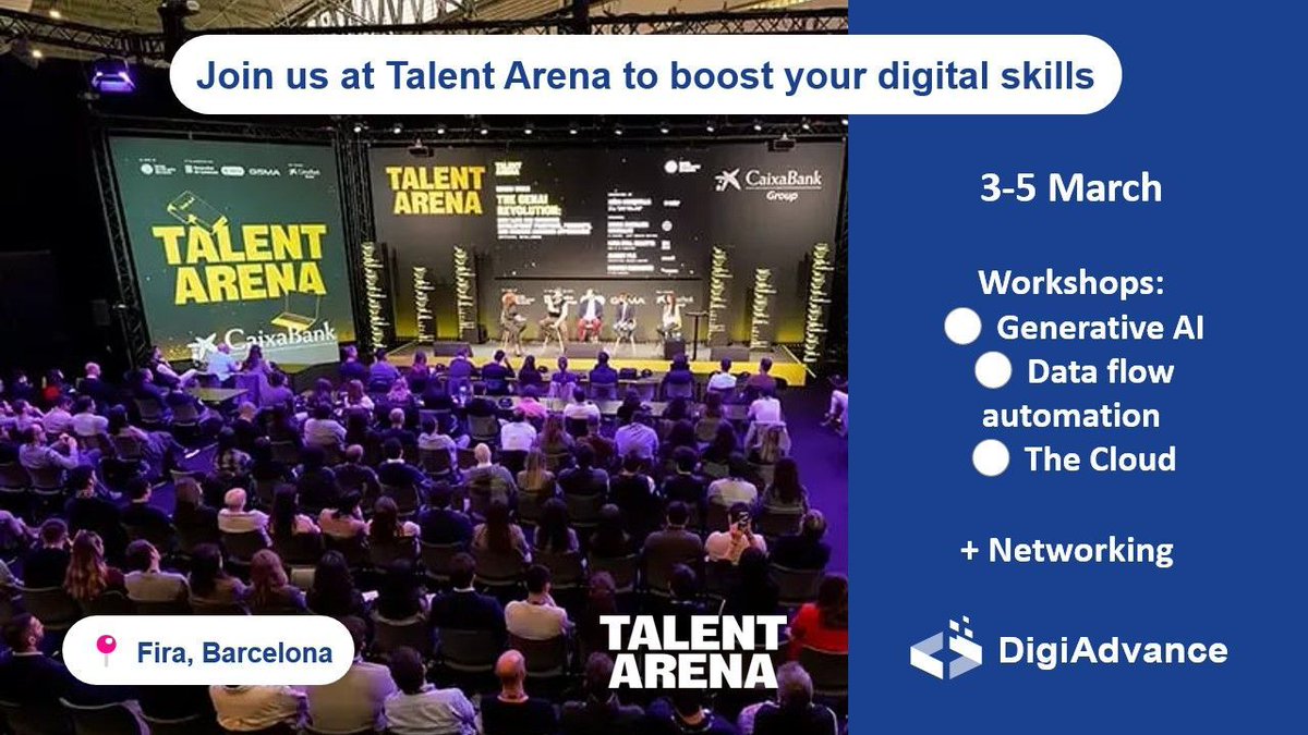 🚀 SMEs, ready to go digital? Join DigiAdvance at Talent Arena, Barcelona (Mar 3-5)!

📅 Workshops:
✅ Mar 3: Data Automation
✅ Mar 4: Generative AI
✅ Mar 5: Cloud Solutions

💡 Boost efficiency &amp; scale your business!

🔗 Register now: buff.ly/4gv0mZO

#SMEs #AI #Cloud
