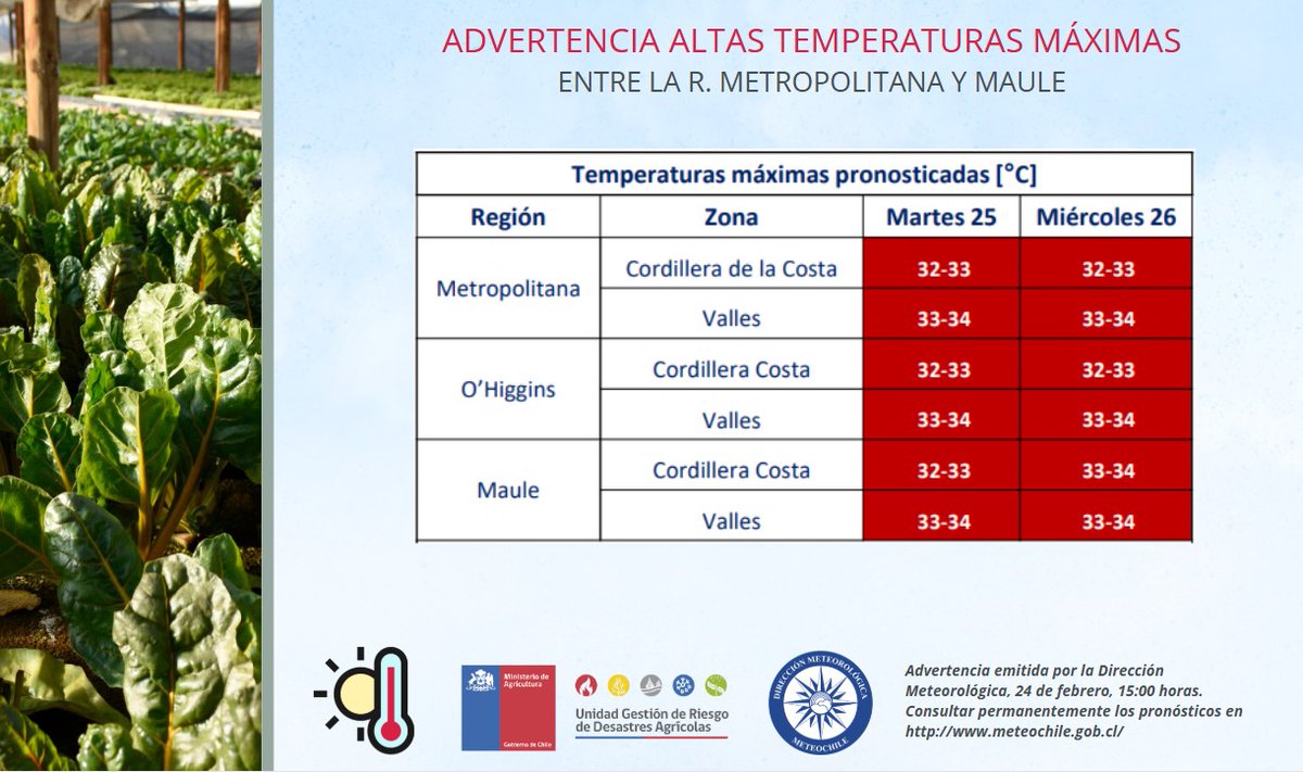 Portal Agroclimático (@agroclimaticocl) on Twitter photo Advertencia agrometeorológica de altas temperaturas máximas en la RM, O’Higgins y El Maule para hoy y mañana. <a href="/MinagriRM/">Seremi Agricultura Metropolitana</a> <a href="/MinagriMaule/">Minagri Maule</a> <a href="/MinagriCL/">Ministerio de Agricultura de Chile 🇨🇱</a> <a href="/Sub_Agricultura/">Subsecretaría de Agricultura</a> <a href="/Senapred/">SENAPRED</a> <a href="/meteochile_dmc/">MeteoChile</a> <a href="/Agroseguroscl/">Agroseguros 🇨🇱</a> <a href="/incendios_CONAF/">CONAF - Incendios forestales</a> <a href="/conaf_minagri/">CONAF - Corporación Nacional Forestal</a> <a href="/sagchile/">SAG</a> Advertencia agrometeorológica de altas temperaturas máximas en la RM, O’Higgins y El Maule para hoy y mañana. <a href="/MinagriRM/">Seremi Agricultura Metropolitana</a> <a href="/MinagriMaule/">Minagri Maule</a> <a href="/MinagriCL/">Ministerio de Agricultura de Chile 🇨🇱</a> <a href="/Sub_Agricultura/">Subsecretaría de Agricultura</a> <a href="/Senapred/">SENAPRED</a> <a href="/meteochile_dmc/">MeteoChile</a> <a href="/Agroseguroscl/">Agroseguros 🇨🇱</a> <a href="/incendios_CONAF/">CONAF - Incendios forestales</a> <a href="/conaf_minagri/">CONAF - Corporación Nacional Forestal</a> <a href="/sagchile/">SAG</a>