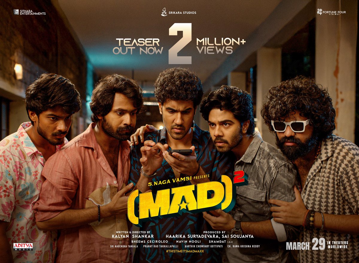 SitharaEnts's tweet photo. No one’s taking their eyes off this madness! 🤩💯

#MADSquareTeaser clocks 2M+ views and setting the vibe on fire 🔥 

— https://t.co/lffhIlEFZ9

Ok bye! 😜

#MADSquare in cinemas worldwide from March 29th! 🥳

@NarneNithiin #SangeethShobhan #RamNitin @ItsJawalkar @kalyanshankar23 @vamsi84 #HarikaSuryadevara #SaiSoujanya #BheemsCeciroleo @NavinNooli @Shamdatdop @Fortune4Cinemas @SitharaEnts #SrikaraStudios @adityamusic