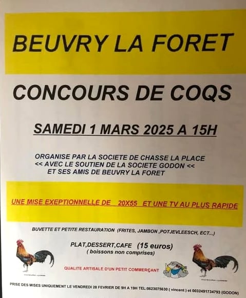 sniprie's tweet photo. Affiche innocente ? Non : invitation à exercer et à se divertir de sévices graves et actes de cruauté sur des animaux lors de combats de coqs. Cela se passera ce samedi 1er mars, à Beuvry-la-Forêt (59). Le @PartiAnimaliste sera là pour protester contre cette tradition barbare. https://t.co/ozM9Z1Rj23