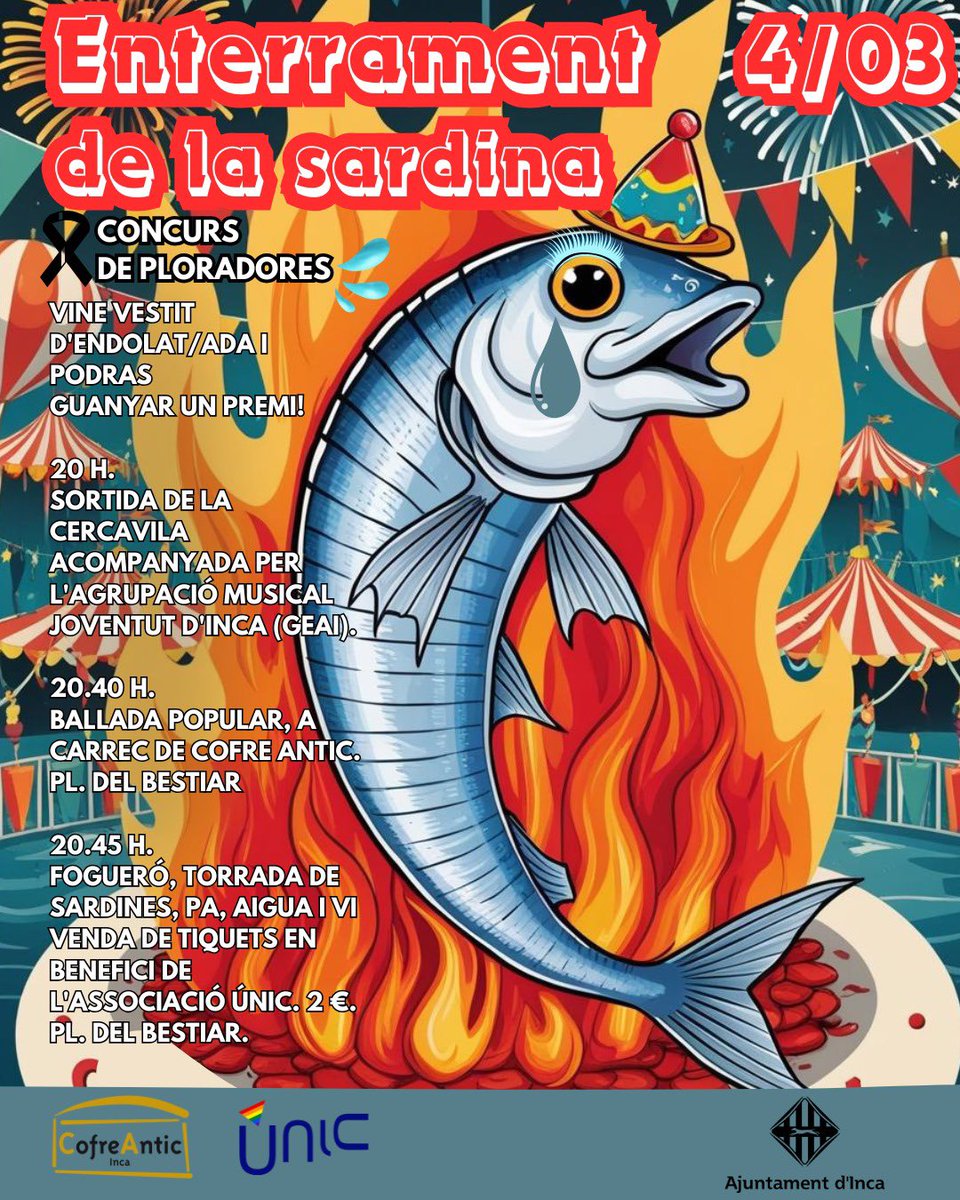 🔥🐟 L’Enterrament de la Sardina ja és aquí! 🐟🔥

Aquest 4 de març, acomiadem el carnaval amb un esdeveniment ple de festa, música i tradició! No t’ho perdis!!

Vine a viure aquesta nit tan especial! Ens veiem a la Plaça del Bestiar! 🎭🔥🐟