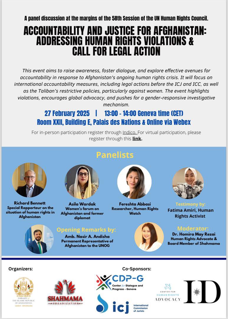 Abdy Yeganeh (@aydiplomat) on Twitter photo Independent Diplomat is honoured to co-sponsor this important side event at #HRC58 in Geneva on Accountability & Justice for Afghanistan led by <a href="/Shahmamaorg/">Shahmama شهمامه</a>.
Register via docs.google.com/forms/d/e/1FAI…
🗓 27 Feb 2025 | 🕐 13:00-14:00 CET
📍 Palais des Nations. Independent Diplomat is honoured to co-sponsor this important side event at #HRC58 in Geneva on Accountability & Justice for Afghanistan led by <a href="/Shahmamaorg/">Shahmama شهمامه</a>.
Register via docs.google.com/forms/d/e/1FAI…
🗓 27 Feb 2025 | 🕐 13:00-14:00 CET
📍 Palais des Nations.