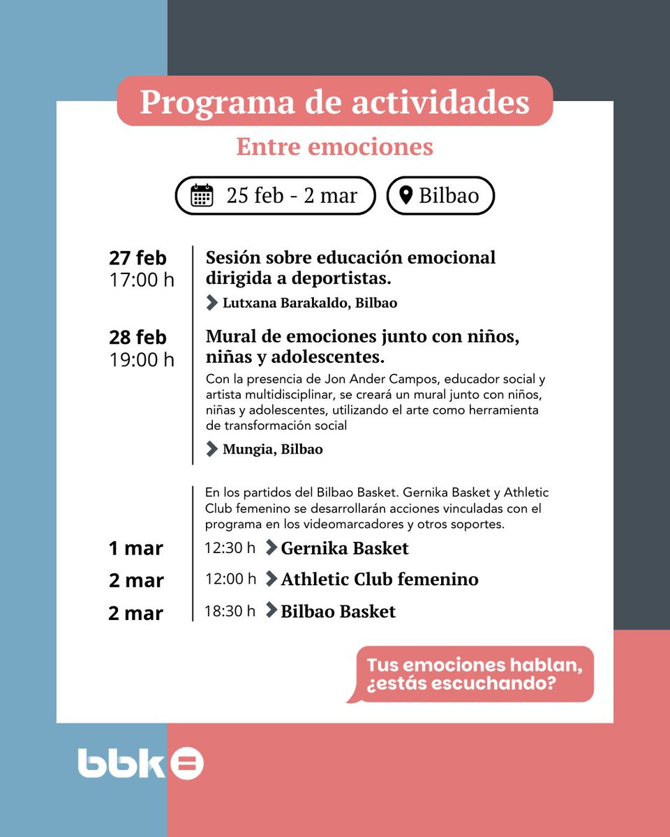 ¡Lanzamos #EntreEmociones! Un proyecto para cuidar la salud emocional de niños, niñas y adolescentes a través del deporte. 🏆💪

¡Síguenos y únete!

🤝 <a href="/bilbaobasket/">Surne Bilbao Basket 😎</a>, <a href="/AthleticClubFem/">Athletic Club</a>, <a href="/GKesb/">Lointek Gernika Bizkaia</a>, <a href="/CVSestao/">Sestao Boleibola</a>, <a href="/CbmZuazo/">Club Balonmano Zuazo</a>

#EmozioenArtean