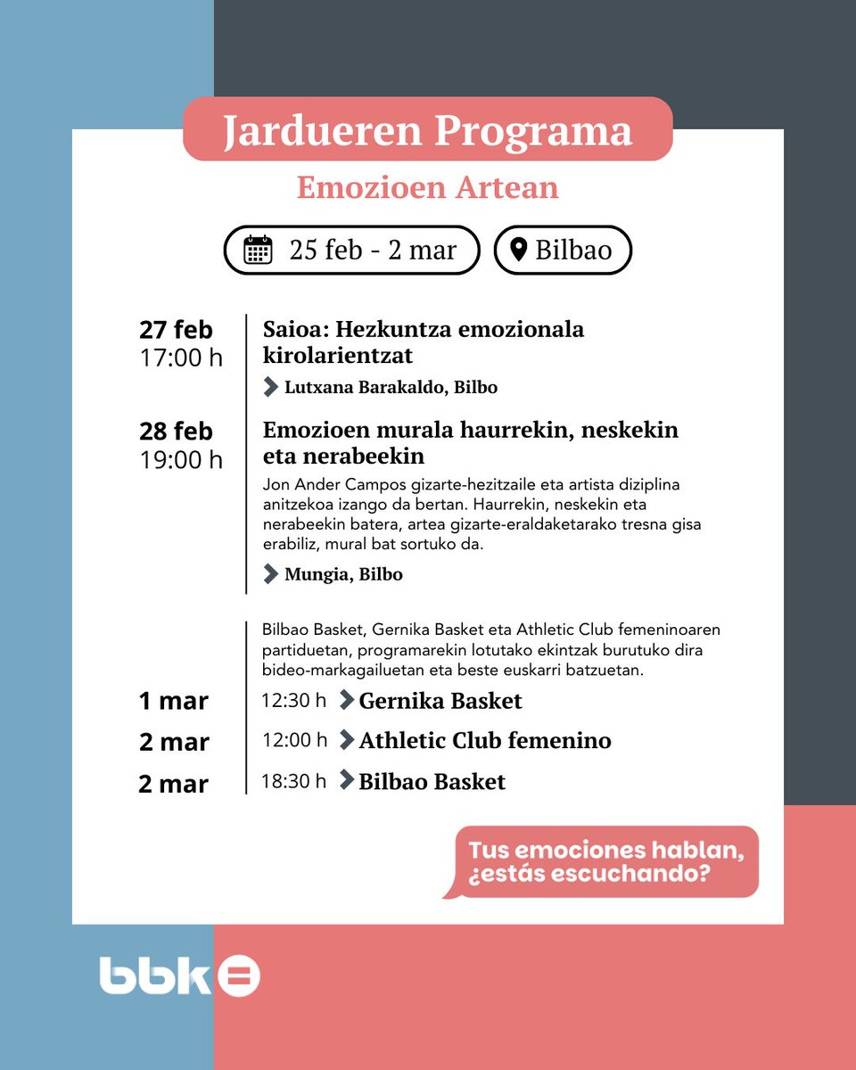 Emozioen Artean #EmozioArtean! Kirolaren bidez haurren eta nerabeen osasun emozionala zaintzeko proiektua. 🏆💪

Jarraitu eta bat egin!
🤝 <a href="/bilbaobasket/">Surne Bilbao Basket 😎</a>, <a href="/AthleticClubFem/">Athletic Club</a>, <a href="/GKesb/">Lointek Gernika Bizkaia</a>, <a href="/CVSestao/">Sestao Boleibola</a>, <a href="/CbmZuazo/">Club Balonmano Zuazo</a>

#EntreEmociones