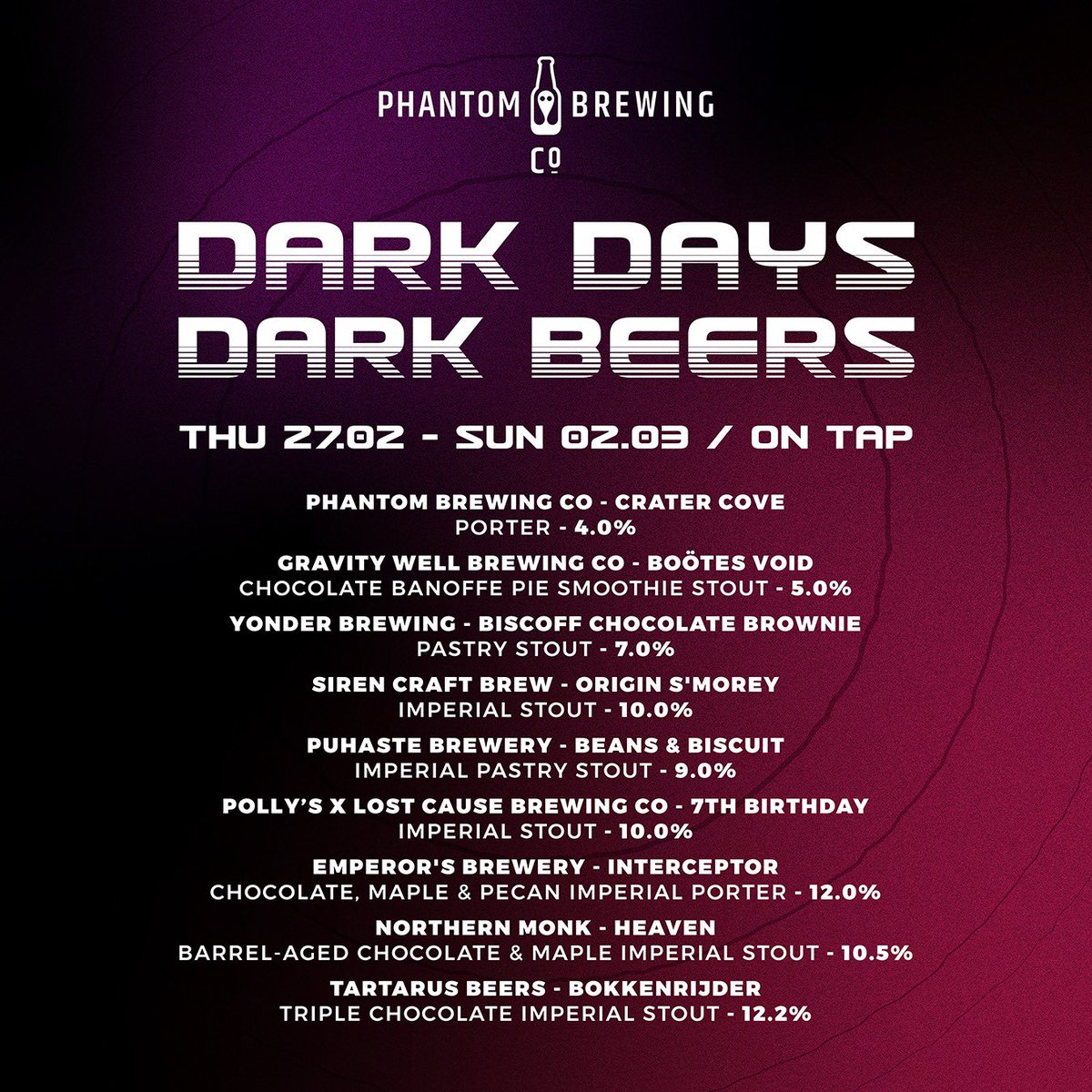 🖤 DARK DAYS, DARK BEERS 🖤

The beer list is live! Thursday openings are back with all these beers pouring plus a special final edition of Bingo with Sam! Saturday we have Pete Wheeler + Friends take over The Haunt warehouse on from 13:00-23:00.