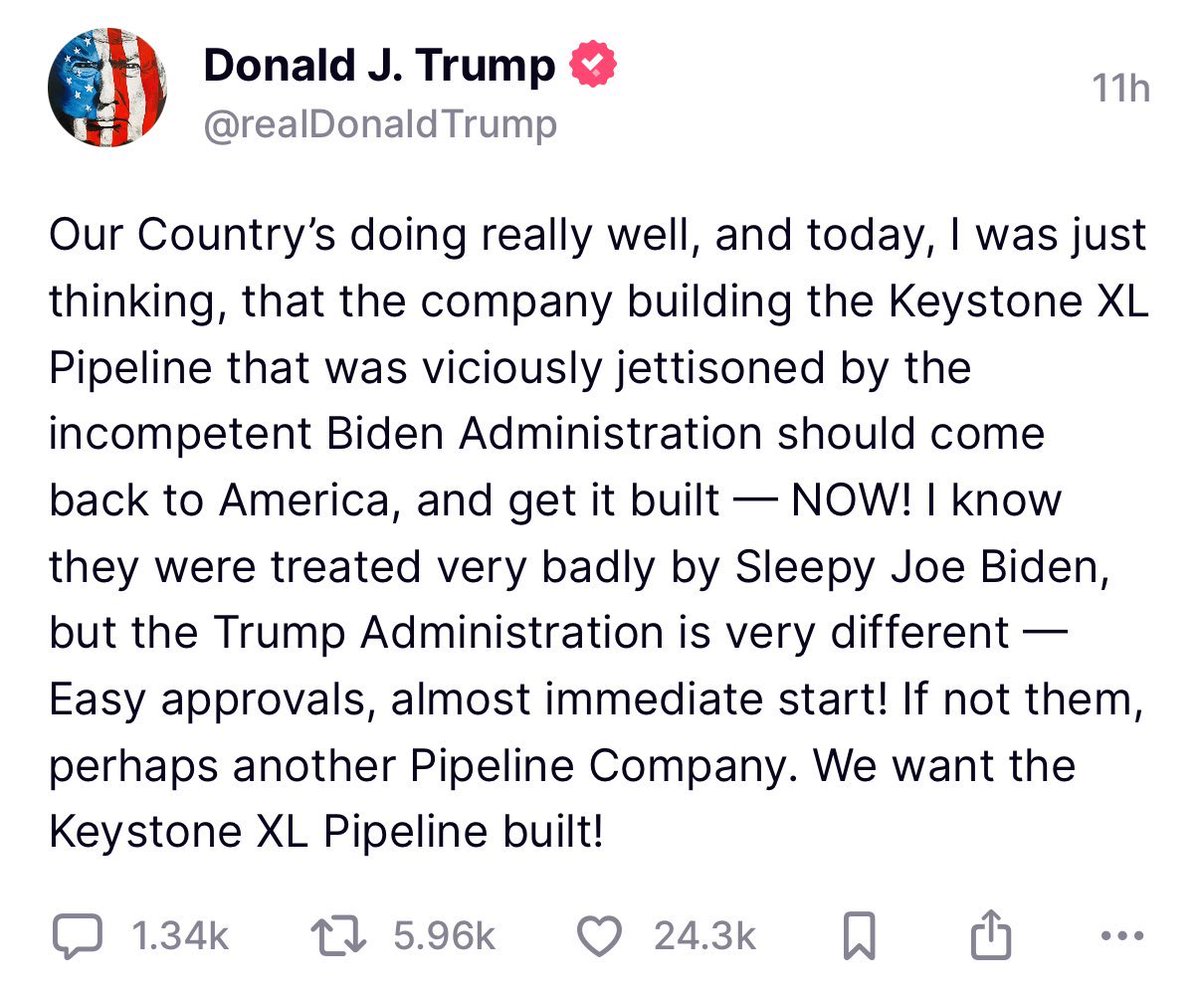 If you need evidence that Trump is mentally defective, this is it. On the *same day* he says he will hit Canadian oil with crippling tariffs, he says he wants a pipeline built...for Canadian oil. 

He's deeply, deeply stupid.
