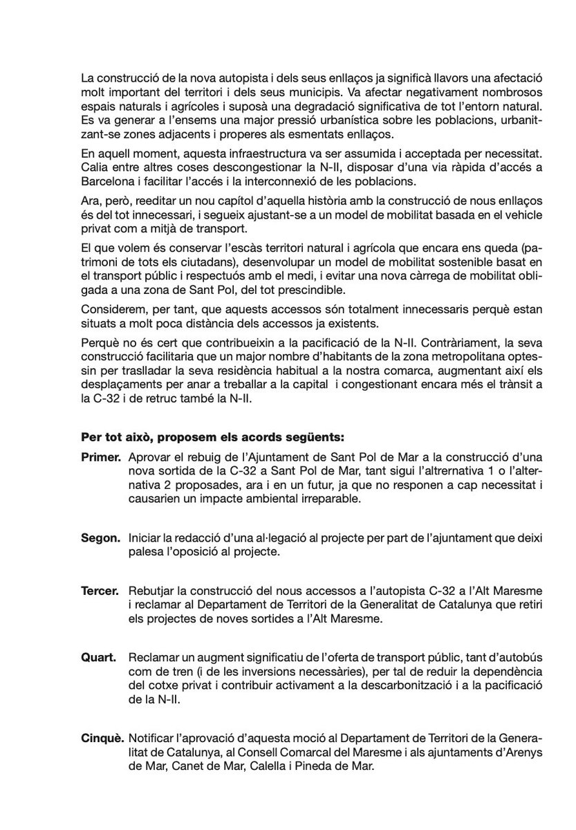 Moció presentada per la CUP al darrer Ple referent a la nova sortida de la C32 a Sant Pol.