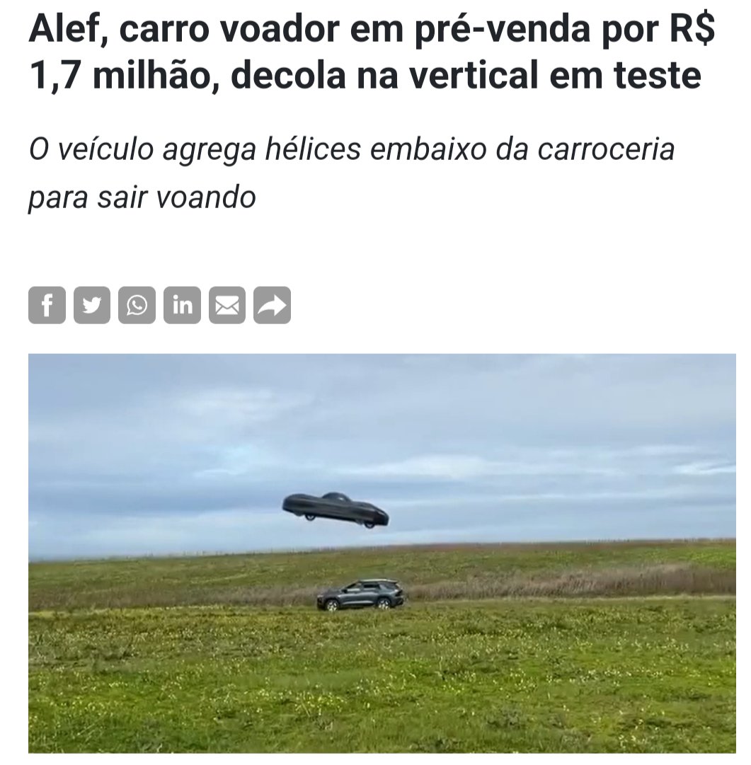 Alef, carro voador capaz de rodar pelas ruas por 321 km ou pelos ares por 177 km.
Me sentirei no filme de volta para o futuro quando ele estiver nos ares 🤣🤣
Sinceramente achei que essa ideia partiria do <a href="/elonmusk/">Elon Musk</a> e <a href="/Tesla/">Tesla</a>
#alef #ElonMusk #Tesla