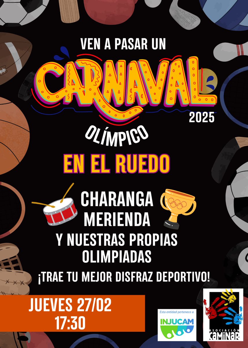 Holaa holaaa!! 

📣 Se acerca el Carnaval y con ello nuestra fiesta en el barrio... Este año con CHARANGA! 🎺

Apunta la fecha: 
📅 Jueves 27 de febrero
🕟 17:30h

Este año ↪️ DISFRAZ RELACIONADO CON LAS OLIMPIADAS ⚽🎾🏀🏉🏅🏋🏼🏄🏼🏌🏼‍♀️🚣🏼‍♀️🚴🏼‍♀️

OS ESPERAMOS A TODOS Y TODAS
