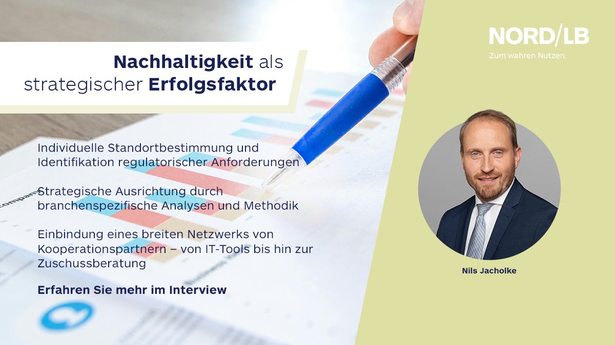 Wir begleiten Unternehmen beim Einstieg in die Nachhaltigkeit. Wie unser ESG Advisory hilft, erklärt Nils Jacholke im Interview: nordlb.de/unsere-kunden-…