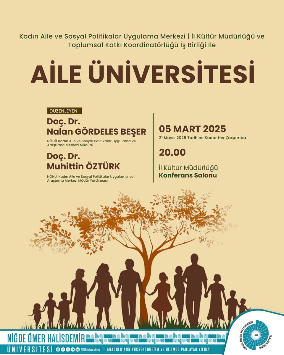 Topluma hizmette öncü ve yenilikçi #NÖHÜ'den güçlü aile ve sağlıklı toplum için Aile Üniversitesi👨‍👨‍👧‍👦

Alanında uzman hocalarımızın sunumlarıyla her çarşamba İl Kültür Müdürlüğü Konferans Salonu'nda🙋🏻‍♂️

Tüm hemşehrilerimizi bekleriz🤗

#Niğde